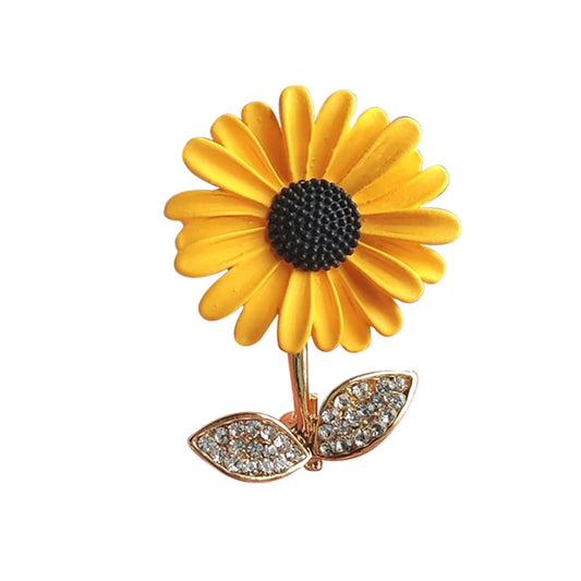 Trendy Sunflower Metal Brooch Exquisite Rhinestone Leaf Lapel Pins